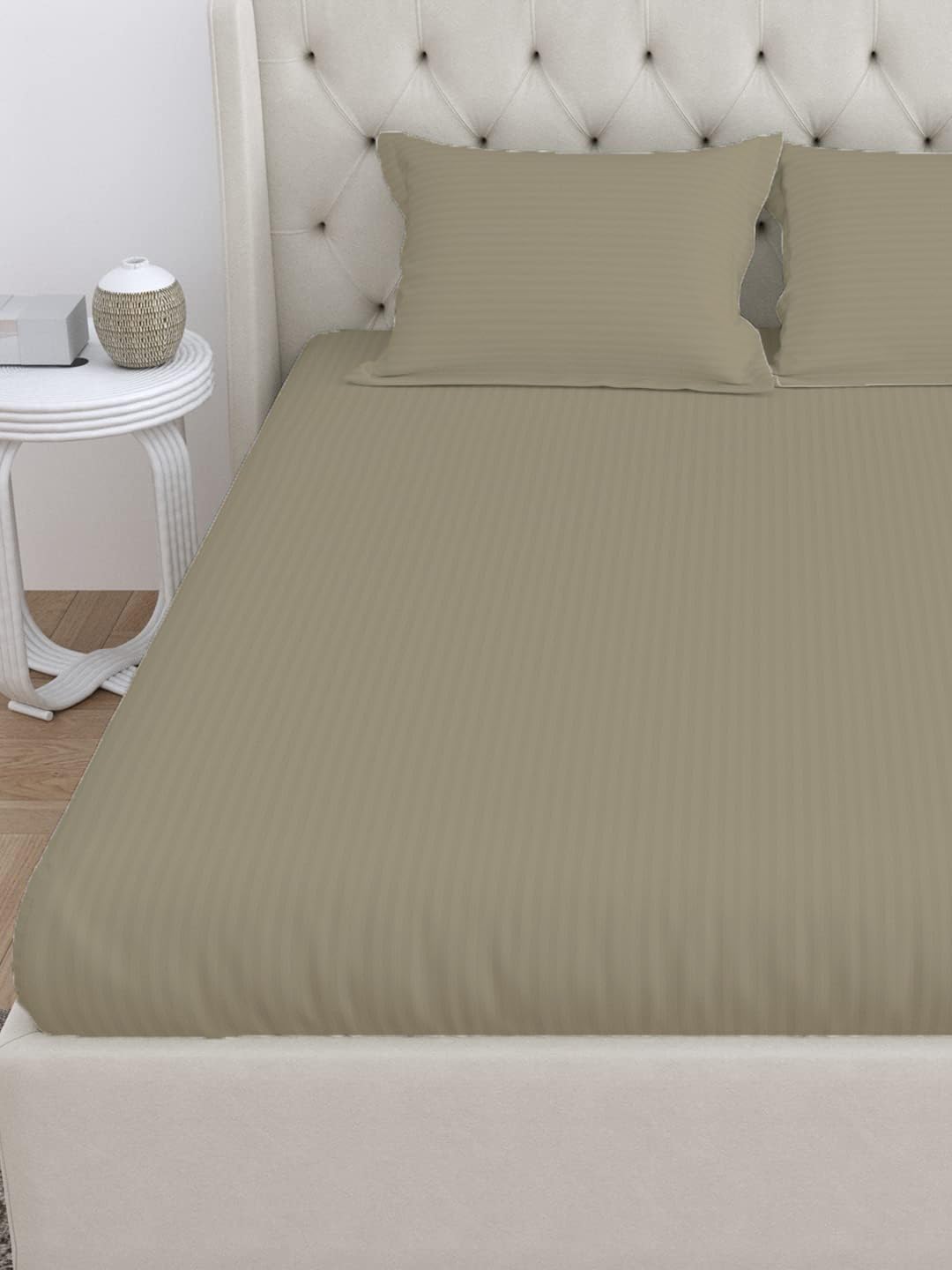 LINENWALAS 300 TC 100% Cotton Satin Stripes King Bed Sheet - Premium Hotel Bedsheet and 2 Pillow Covers Set for Hotels, Guest House & B&B (White,100x108 inch)