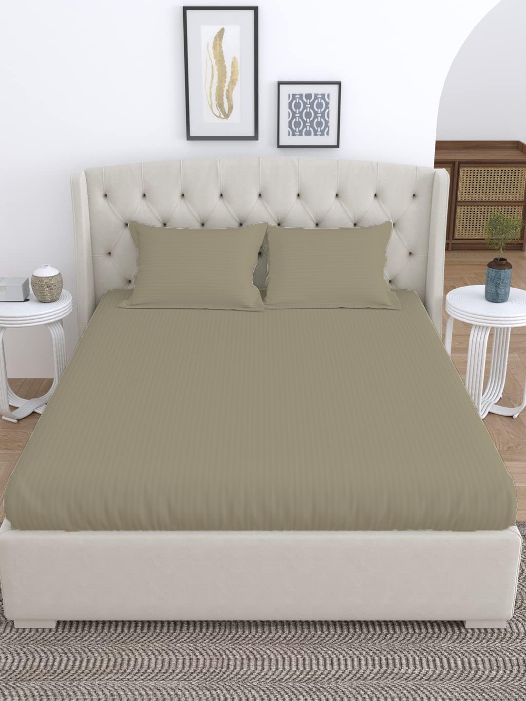 LINENWALAS 300 TC 100% Cotton Satin Stripes King Bed Sheet - Premium Hotel Bedsheet and 2 Pillow Covers Set for Hotels, Guest House & B&B (White,100x108 inch)