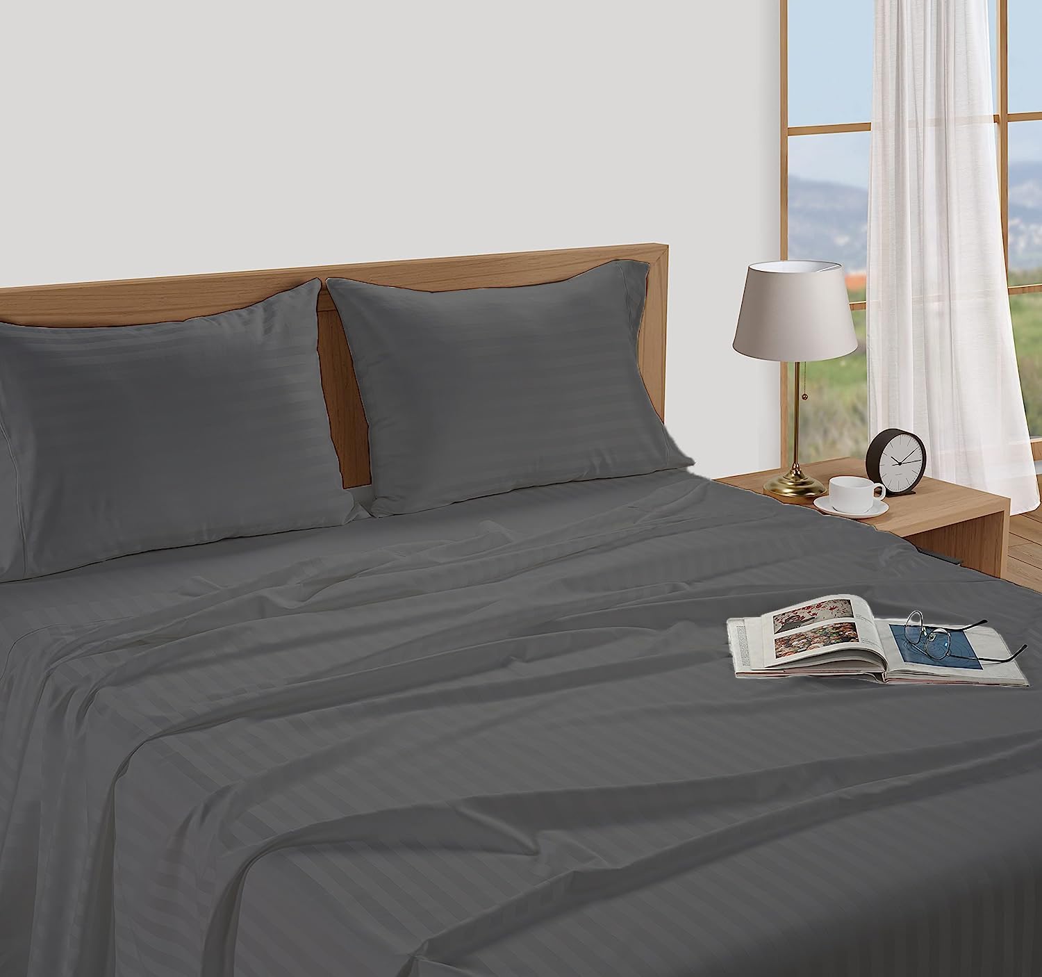 LINENWALAS 300 TC 100% Cotton Satin Stripes King Bed Sheet - Premium Hotel Bedsheet and 2 Pillow Covers Set for Hotels, Guest House & B&B (White,100x108 inch)