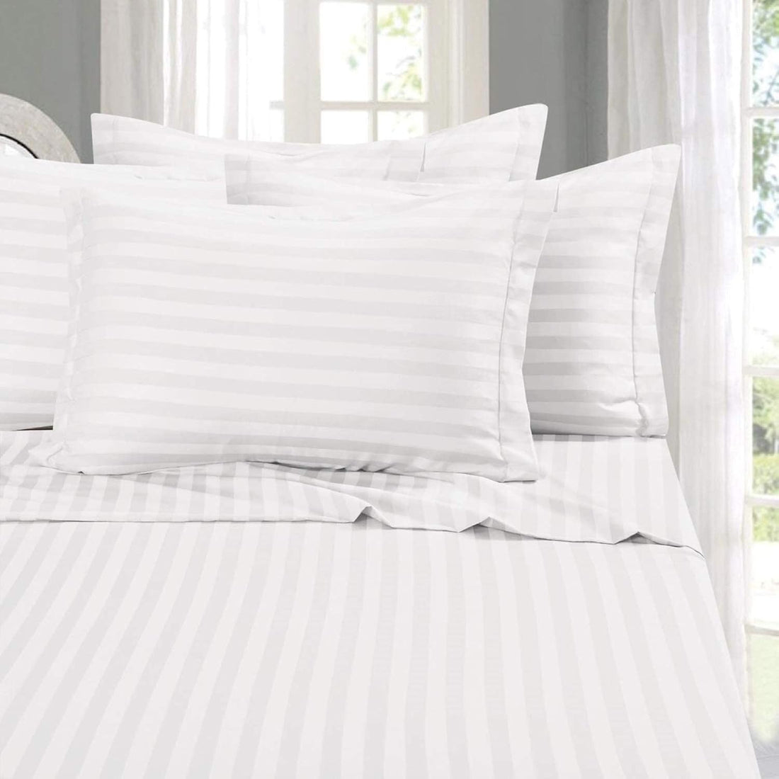 LINENWALAS 300 TC 100% Cotton Satin Stripes King Bed Sheet - Premium Hotel Bedsheet and 2 Pillow Covers Set for Hotels, Guest House & B&B (White,100x108 inch)