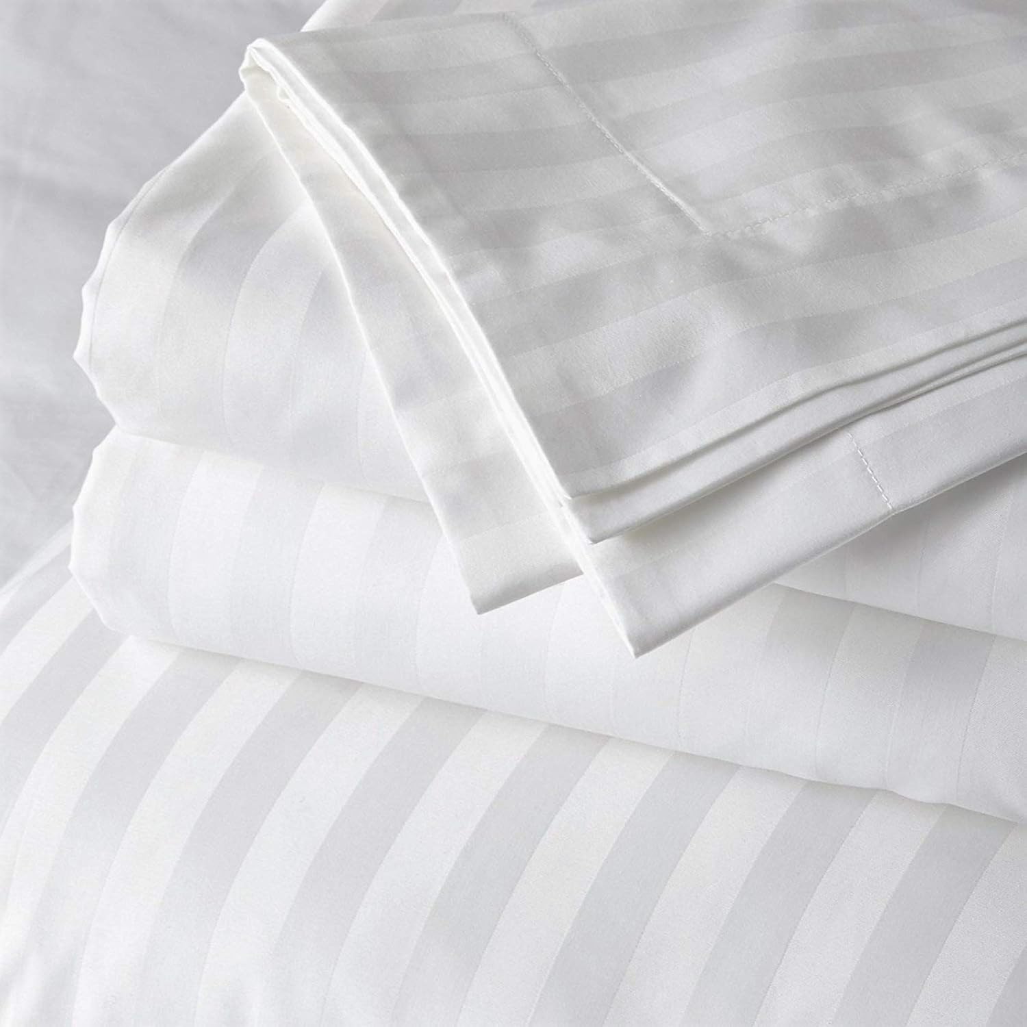 LINENWALAS 300 TC 100% Cotton Satin Stripes King Bed Sheet - Premium Hotel Bedsheet and 2 Pillow Covers Set for Hotels, Guest House & B&B (White,100x108 inch)
