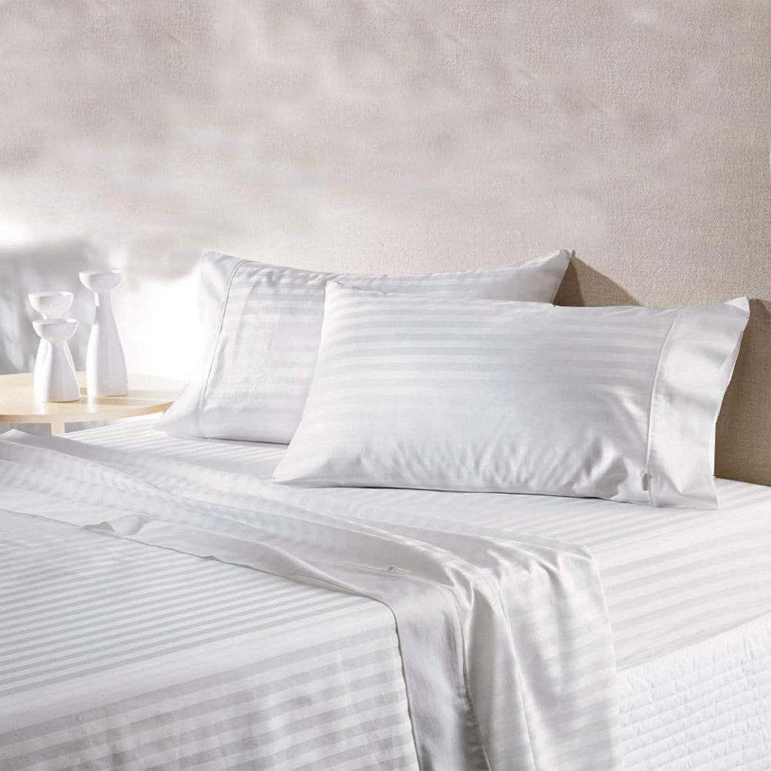 LINENWALAS 300 TC 100% Cotton Satin Stripes King Bed Sheet - Premium Hotel Bedsheet and 2 Pillow Covers Set for Hotels, Guest House & B&B (White,100x108 inch)