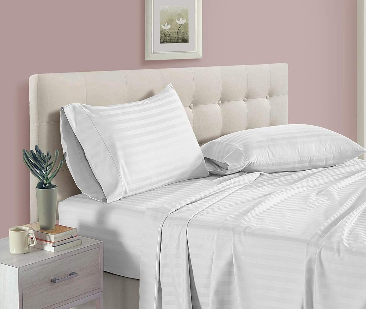 LINENWALAS 300 TC 100% Cotton Satin Stripes King Bed Sheet - Premium Hotel Bedsheet and 2 Pillow Covers Set for Hotels, Guest House & B&B (White,100x108 inch)