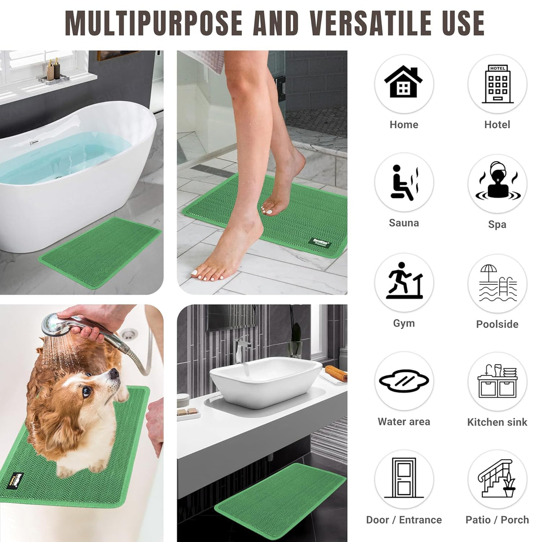 Roll over image to zoom in   2 VIDEOS     2+ DuroWipe - All PURPOSE MATTING Premium Bathroom Mat, Bath Mats for Shower, Pool Area, Non Slip PVC Door Mats for Home Entrance, Outdoor, Indoor, 6 mm Thick Zig-zag Jali Mat, 43x69 cm Rectangle Green