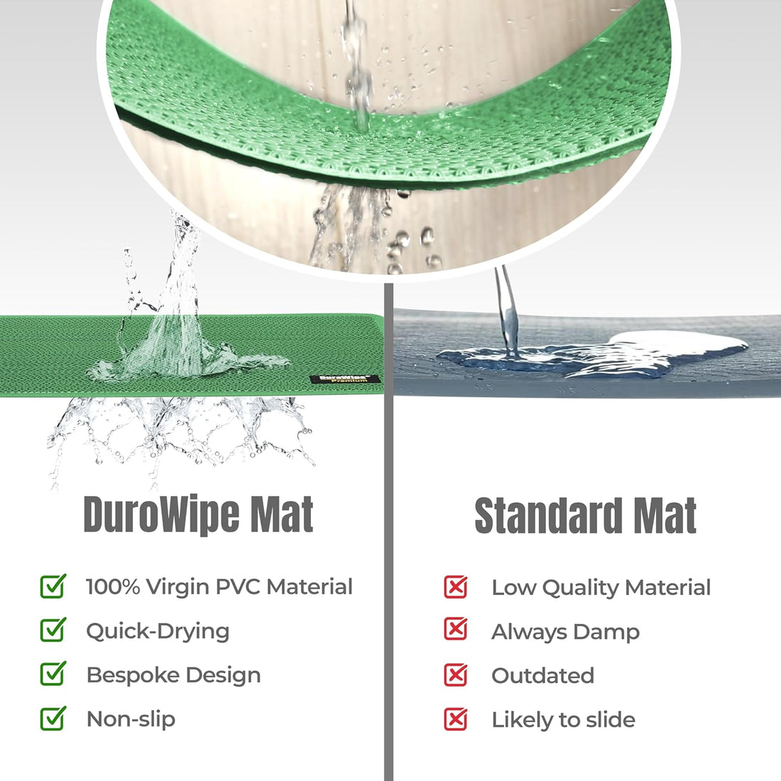 Roll over image to zoom in   2 VIDEOS     2+ DuroWipe - All PURPOSE MATTING Premium Bathroom Mat, Bath Mats for Shower, Pool Area, Non Slip PVC Door Mats for Home Entrance, Outdoor, Indoor, 6 mm Thick Zig-zag Jali Mat, 43x69 cm Rectangle Green