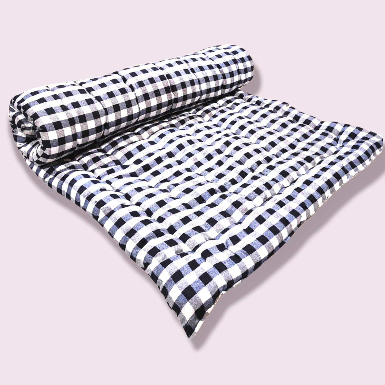 ATOOTFUSION Cotton Mattress | Light Weight Medium Firm Foldable Reversible Cotton Mattress | Gadda Medium Firm, White and Black Checkered