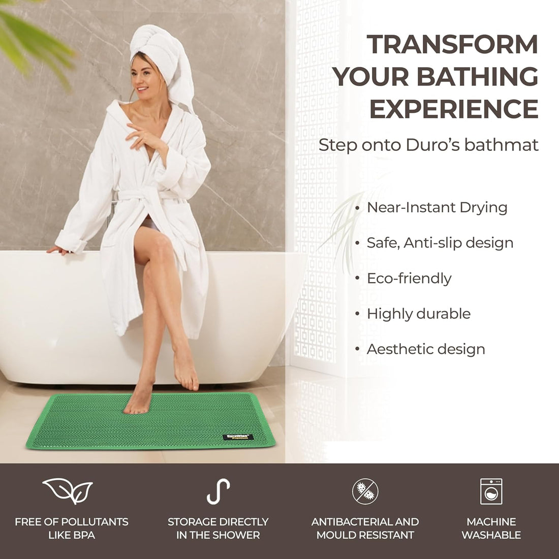 Roll over image to zoom in   2 VIDEOS     2+ DuroWipe - All PURPOSE MATTING Premium Bathroom Mat, Bath Mats for Shower, Pool Area, Non Slip PVC Door Mats for Home Entrance, Outdoor, Indoor, 6 mm Thick Zig-zag Jali Mat, 43x69 cm Rectangle Green