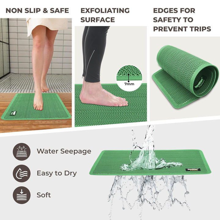 Roll over image to zoom in   2 VIDEOS     2+ DuroWipe - All PURPOSE MATTING Premium Bathroom Mat, Bath Mats for Shower, Pool Area, Non Slip PVC Door Mats for Home Entrance, Outdoor, Indoor, 6 mm Thick Zig-zag Jali Mat, 43x69 cm Rectangle Green